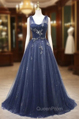 Fashion Navy Blue Tulle Sequins V-neck Evening Prom Dresses
