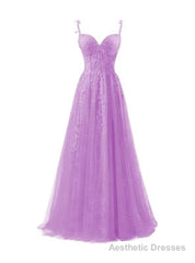 Fashion Purple Tulle Spaghetti Straps Appliques Prom Dress
