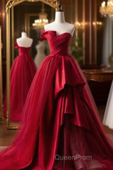 Fashion Tulle Satin Long Evening Dresses Red Evening Prom Dresses