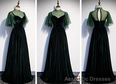 Fashionable Dark Green Velvet Long Party Gown, Green Bridesmaid Dress