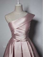 Fashionable Pink Knee Length Satin Short Evening Prom Dresses, One Shoulder Bridesmaid Dresses
