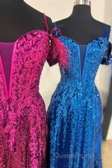 Feathered Cold Shoulder Sequin Long Evening Prom Dresses with Appliques