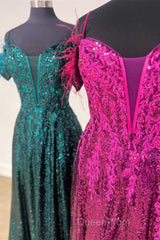 Feathered Cold Shoulder Sequin Long Evening Prom Dresses with Appliques