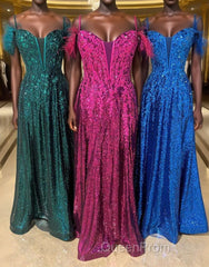 Feathered Cold Shoulder Sequin Long Evening Prom Dresses with Appliques