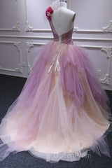 Puffy One Shoulder Sleeveless Tulle Evening Prom Dresses with Flowers, Ruffles Quinceanera Dresses
