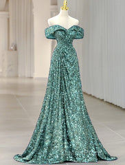 A-Line Evening Gown Elegant Dresses Formal Wedding Guest Sweep / Brush Train Sleeveless Off Shoulder Sequined with Glitter Sequin Masquerade Dresses