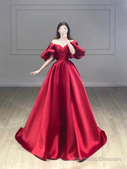 Burgundy Satin A-Line Prom Dress, Burgundy Puffy Short Sleeve Evening Dress