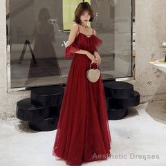 Burgundy lace long prom dress simple evening dress