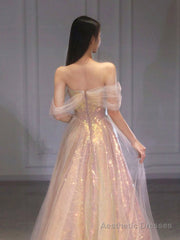 Shiny Tulle Sequins Long Prom Dress, Off the Shoulder Evening Party Dress