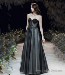 Black tulle long prom dress A line eveing dress