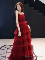 Burgundy tulle long prom gown formal dress