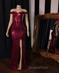 Long Mermaid Burgundy Sequin Evening Prom Dresses Glitter Split Evening Gown