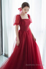 Red tulle long prom dress A line evening dress