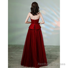 Burgundy tulle long prom dress formal dress