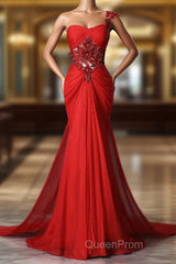 Trumpet Mermaid One Shoulder Chiffon Appliques Lace Beading Red Long Evening Prom Dresses