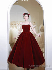 Burgundy Velvet Tea Length Prom Dress with with Pearls