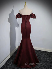 Burgundy Satin Long Evening Prom Dresses, Mermaid Off the Shoulder Evening Party Dresses