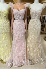 Cute Lace Appliques Sweetheart Spaghetti Straps Evening Prom Dresses