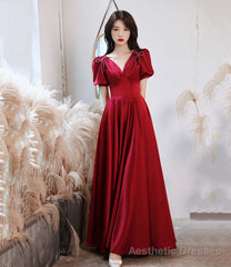 Burgundy satin long prom dress A line evening dress