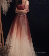 Red Gradient Off the Shoulder Tulle Evening Prom Dress
