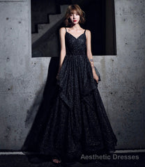 Black Simple v neck tulle long prom dress A line evening dress