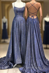 Shiny Navy Blue Sequin A Line Long Evening Prom Dresses With Slit