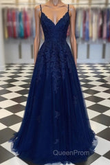 A Line Navy Blue V Neck Lace Evening Prom Dresses