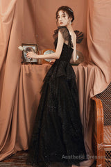 Black tulle sequins long prom dress A line evening dress