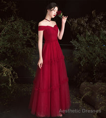 Burgundy tulle off shoulder prom dress evening dress
