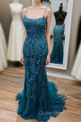 Stunning Blue Lace Appliqus Long Evening Prom Dresses