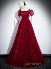 Burgundy Satin Tulle Floor Length Evening Prom Party Dresses