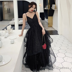 Black tulle sequins prom dress evening dress