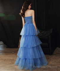 Blue tulle long prom dress blue evening dress