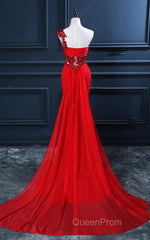 Trumpet Mermaid One Shoulder Chiffon Appliques Lace Beading Red Long Evening Prom Dresses