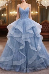 Blue Tulle Long Evening Prom Dresses Blue Evening Gown