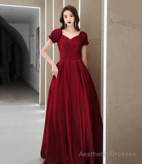 Burgundy satin long prom dress A line evening gown