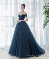 Elegant Tulle Long A-Line Prom Dress, Blue Off the Shoulder Evening Party Dress