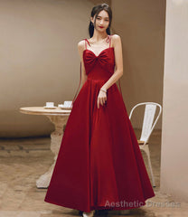 Burgundy satin long prom dress A-line evening dress