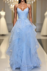 Blue sleeveless Evening Prom Dresses,applique spaghetti-straps v-neck evening Dresses,tulle lace ruffles party Dresses