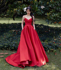 Red satin long prom dress A line evening dress