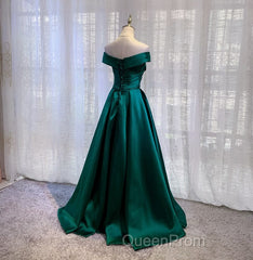 Satin Emerald Green Pleated A-Line Off-shoulder Evening Prom Dresses