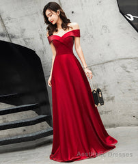 Burgundy satin long prom dress cute evening dress