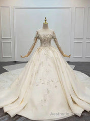 Find All Of The Latest Styles Champagne Ball Gown Tulle Off the Shoulder Long Sleeve Beading Wedding Dress