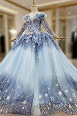 Find The Perfect Shade Of Blue Ball Gown Tulle Sequins Long Sleeve Appliques Beading Evening Prom Dresses