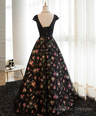 Black Lace Floral Patterns Long Prom Dress, Black Evening Dress