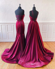 Floor Length Long Satin Burgundy Evening Prom Dresses With Split