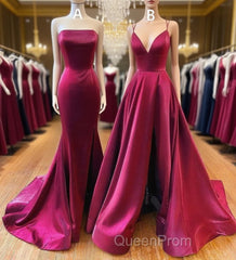 Floor Length Long Satin Burgundy Evening Prom Dresses With Split