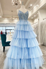 Floral Lace V-Neck Multi-Tiered A-Line Evening Prom Dresses