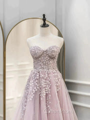 Floral Strapless Pink Lace Appliques Long Evening Prom Dresses