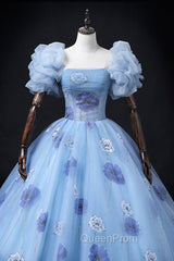 Floral Tulle Long Evening Prom Dresses, Blue Short Sleeve Evening Dresses